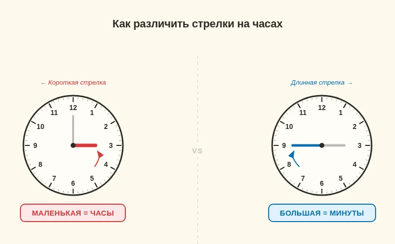 часовая и минутная стрелка на циферблате часов — объяснение для детей